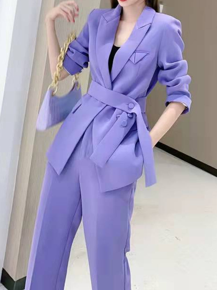 Sixsr  Spring Autumn Women Elegant Lace Up Blazers Two-Piece Set Office Ladies Purple Pantsuit  Work Clothes Business Suit
