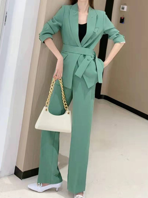 Sixsr  Spring Autumn Women Elegant Lace Up Blazers Two-Piece Set Office Ladies Purple Pantsuit  Work Clothes Business Suit