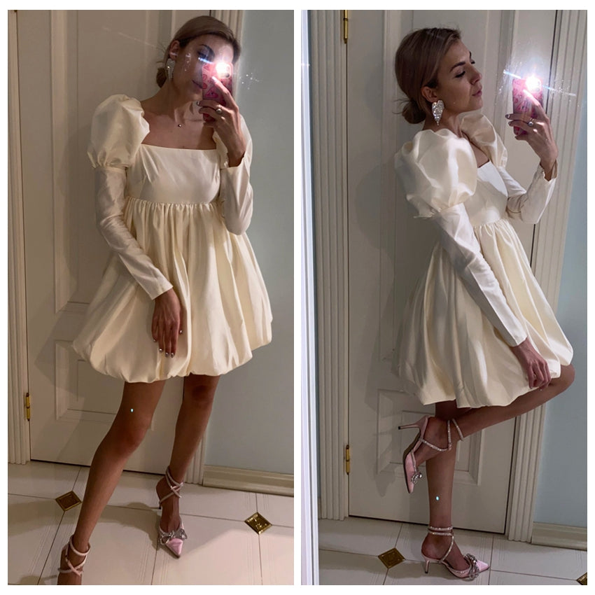 Sixsr New Fashion Puff Sleeves Woman Party Dress Evening Chic Square Collar Ball Gown Dress Short Beige Satin Dresses Pleated Ladies