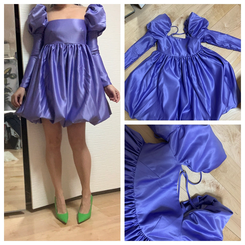 Sixsr New Fashion Puff Sleeves Woman Party Dress Evening Chic Square Collar Ball Gown Dress Short Beige Satin Dresses Pleated Ladies