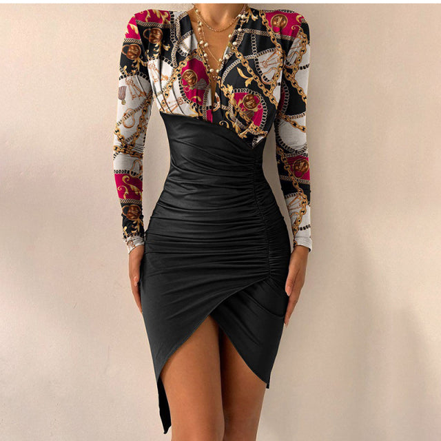 Sixsr Women's Spring Sexy Package Hips Long-sleeve V-neck Printed Slit Dress Clothing Summer Black Bodycon Dresses For Women Party