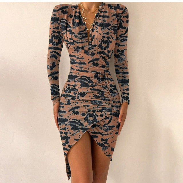 Sixsr Women's Spring Sexy Package Hips Long-sleeve V-neck Printed Slit Dress Clothing Summer Black Bodycon Dresses For Women Party