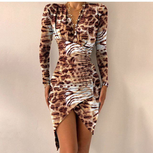 Sixsr Women's Spring Sexy Package Hips Long-sleeve V-neck Printed Slit Dress Clothing Summer Black Bodycon Dresses For Women Party