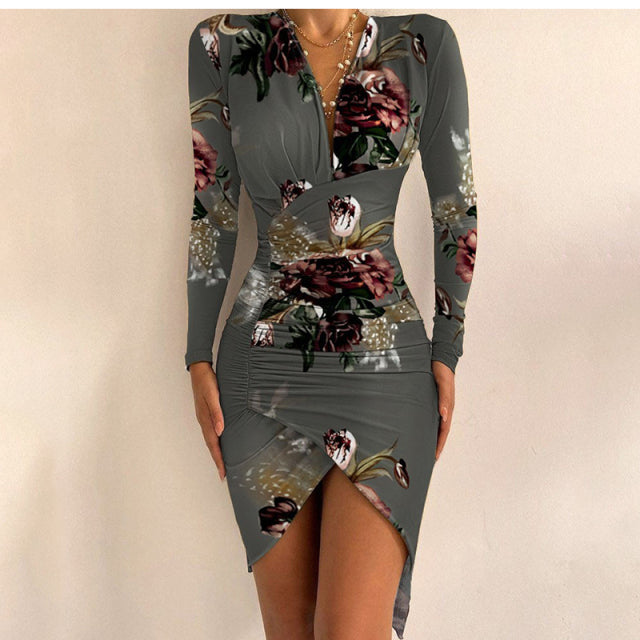 Sixsr Women's Spring Sexy Package Hips Long-sleeve V-neck Printed Slit Dress Clothing Summer Black Bodycon Dresses For Women Party