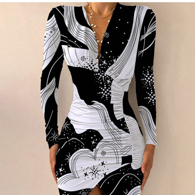 Sixsr Women's Spring Sexy Package Hips Long-sleeve V-neck Printed Slit Dress Clothing Summer Black Bodycon Dresses For Women Party