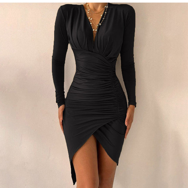 Sixsr Women's Spring Sexy Package Hips Long-sleeve V-neck Printed Slit Dress Clothing Summer Black Bodycon Dresses For Women Party