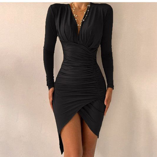 Sixsr Women's Spring Sexy Package Hips Long-sleeve V-neck Printed Slit Dress Clothing Summer Black Bodycon Dresses For Women Party