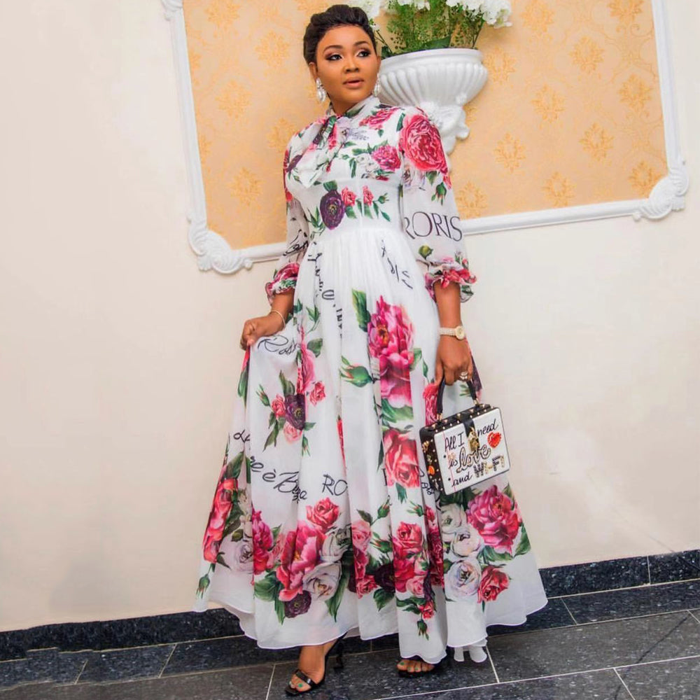 sixsr African Chiffon Dresses For Women New Fashion Dashiki Print Ankara Maxi Dress Long Sleeve Elegant Gowns Wedding Party