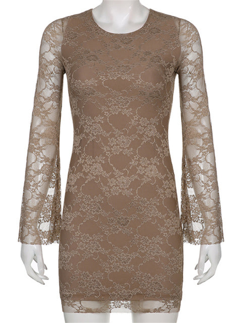 Sixsr Retro Fairycore Grunge Mini Dresses Y2K Sexy Flare Lace Sleeves Chic Brown Clothes Elegant Aesthetic Slim Dress Cuteandpsycho