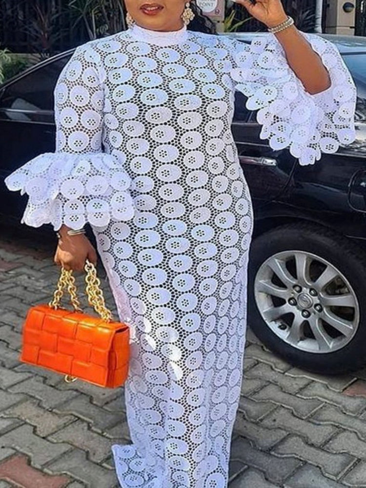 Sixsr New Fashion African Women Dresses Dashiki Elegant Maxi Long White Lace Hollow Out Muslim Fashion Abayas Robe Abaya Dubai Luxe Party Clothes