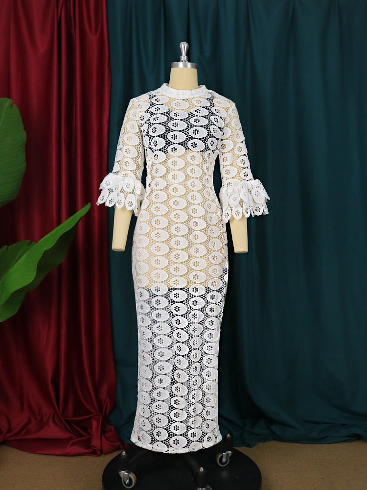 Sixsr New Fashion African Women Dresses Dashiki Elegant Maxi Long White Lace Hollow Out Muslim Fashion Abayas Robe Abaya Dubai Luxe Party Clothes