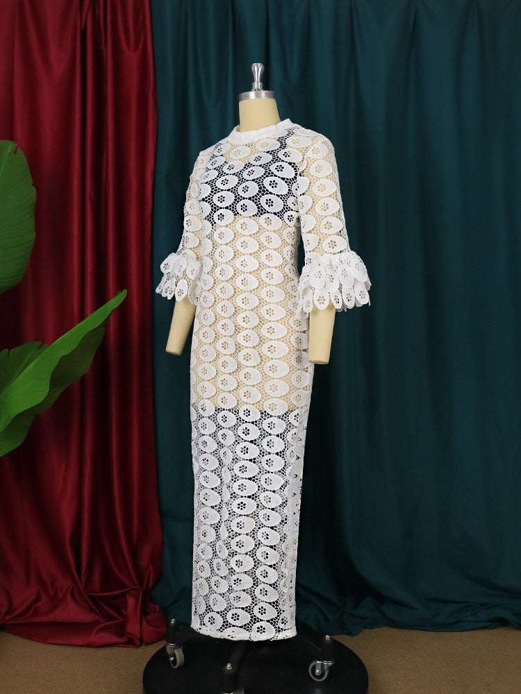 Sixsr New Fashion African Women Dresses Dashiki Elegant Maxi Long White Lace Hollow Out Muslim Fashion Abayas Robe Abaya Dubai Luxe Party Clothes