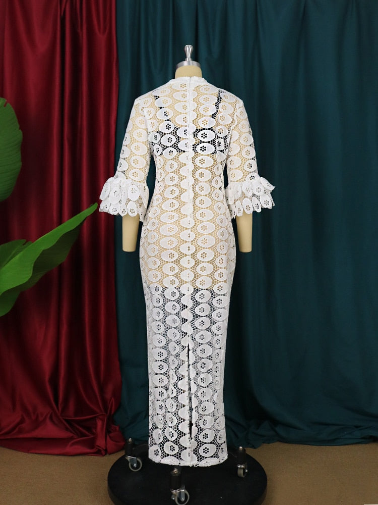 Sixsr New Fashion African Women Dresses Dashiki Elegant Maxi Long White Lace Hollow Out Muslim Fashion Abayas Robe Abaya Dubai Luxe Party Clothes
