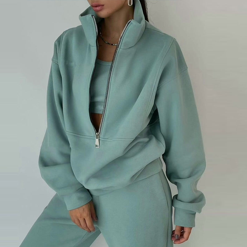 Sixsr Women Fleece Two Piece Set Spring Winter Sports Warm Suit Casual Oversized Polo Zipper Sweatshirts And Trouser Tracksuits Set
