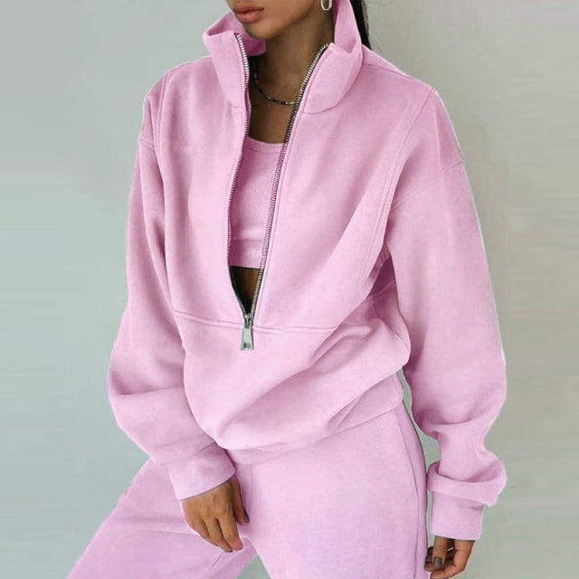 Sixsr Women Fleece Two Piece Set Spring Winter Sports Warm Suit Casual Oversized Polo Zipper Sweatshirts And Trouser Tracksuits Set