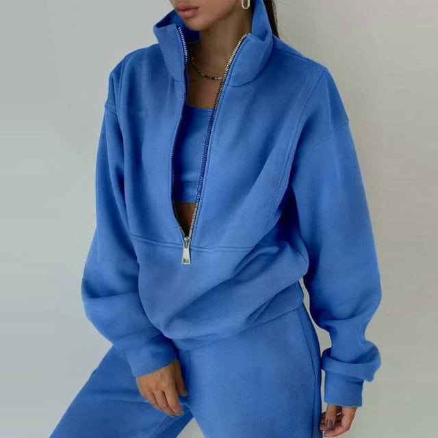 Sixsr Women Fleece Two Piece Set Spring Winter Sports Warm Suit Casual Oversized Polo Zipper Sweatshirts And Trouser Tracksuits Set