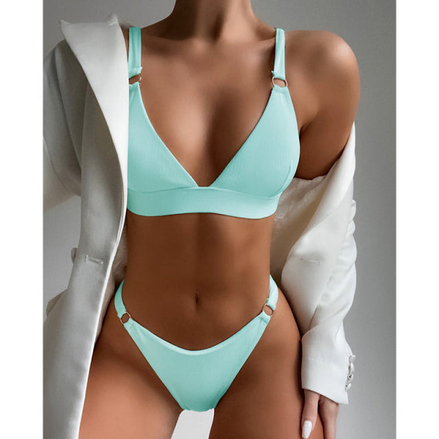 sixsr New Sexy Ribbed Ring Bikinis Swimsuit Women Push Up Swimwear Solid Bikini Set Summer Beach Brazil Biquini Swim Bathing Suit