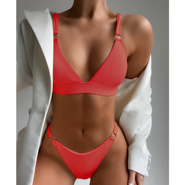 sixsr New Sexy Ribbed Ring Bikinis Swimsuit Women Push Up Swimwear Solid Bikini Set Summer Beach Brazil Biquini Swim Bathing Suit