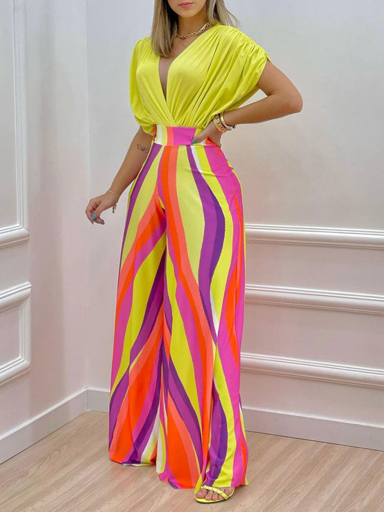 Sixsr Summer Sexy Deep V Neck Pleated Shirt Outfit Women Fashion Solid Blouses + High Waist Print Straight Pant Set Office Commute Set