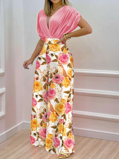 Sixsr Summer Sexy Deep V Neck Pleated Shirt Outfit Women Fashion Solid Blouses + High Waist Print Straight Pant Set Office Commute Set