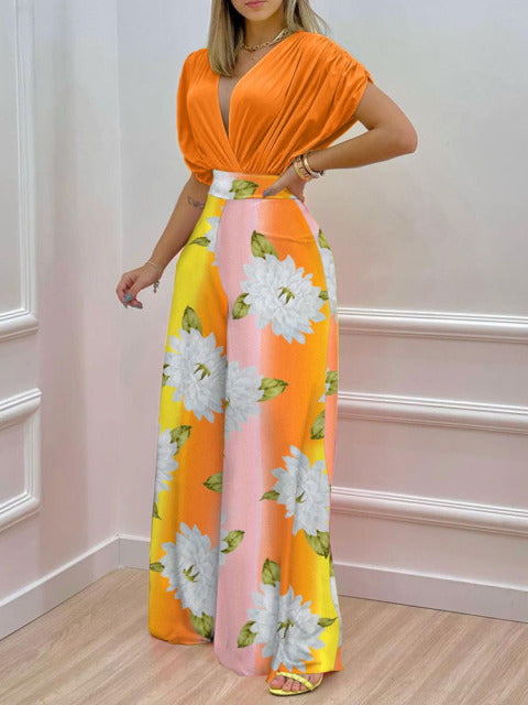 Sixsr Summer Sexy Deep V Neck Pleated Shirt Outfit Women Fashion Solid Blouses + High Waist Print Straight Pant Set Office Commute Set