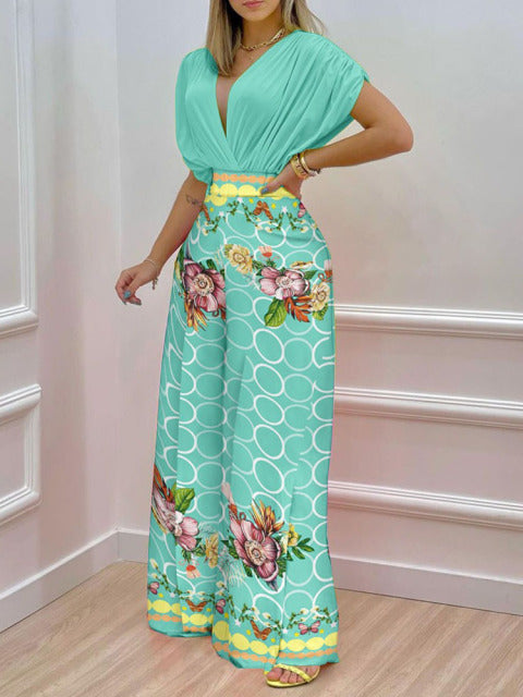 Sixsr Summer Sexy Deep V Neck Pleated Shirt Outfit Women Fashion Solid Blouses + High Waist Print Straight Pant Set Office Commute Set