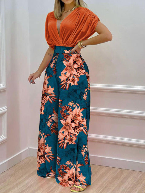 Sixsr Summer Sexy Deep V Neck Pleated Shirt Outfit Women Fashion Solid Blouses + High Waist Print Straight Pant Set Office Commute Set