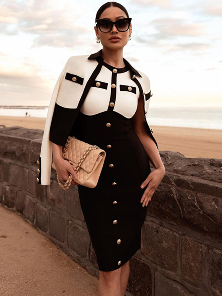 sixsr Bandage Dress Women Luxury Sexy Sleeveless Patchwork Button White Bodycon Designer Elegant Evening Party Dress Vestidos