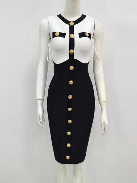 sixsr Bandage Dress Women Luxury Sexy Sleeveless Patchwork Button White Bodycon Designer Elegant Evening Party Dress Vestidos