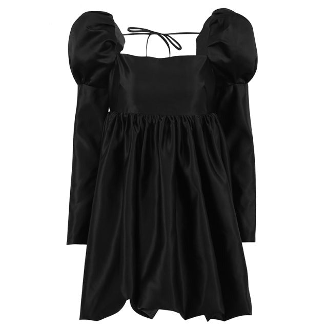Sixsr New Fashion Puff Sleeves Woman Party Dress Evening Chic Square Collar Ball Gown Dress Short Beige Satin Dresses Pleated Ladies