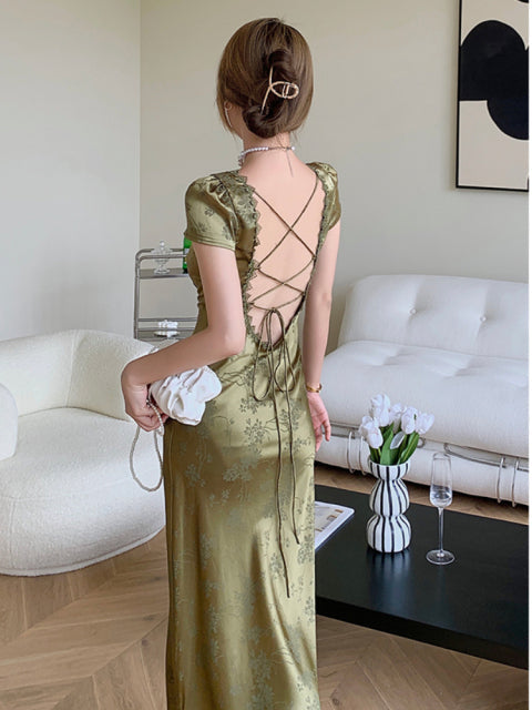 sixsr Elegant Women Green Satin Backless Mixi Dress Vintage Palace Bodycon Party Dresses Lace Bandage V-Neck Prom Robe Summer Vestidos