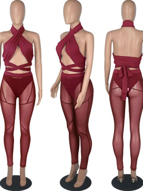 Sixsr Sexy Mesh Sheer Spliced Two Piece Set Tracksuit Women Bodysuit Pants Summer Clothes Vacation Club Outfits Matching Sets