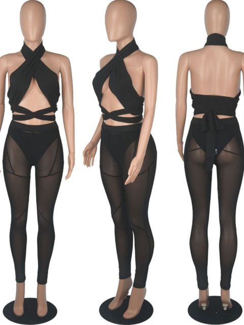Sixsr Sexy Mesh Sheer Spliced Two Piece Set Tracksuit Women Bodysuit Pants Summer Clothes Vacation Club Outfits Matching Sets
