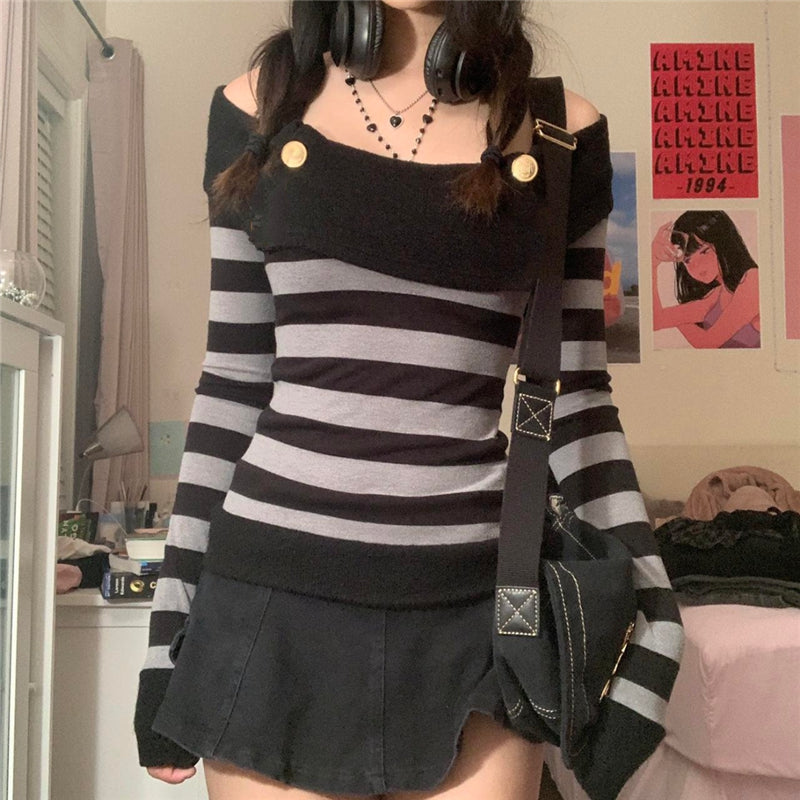 Sixsr Fashion Trends Harajuku Retro Striped Print Grunge Tshirts Slash Neck Buttons Autumn Vintage Tops Tees Aesthetic Chic Cute Slim Fit Outfits