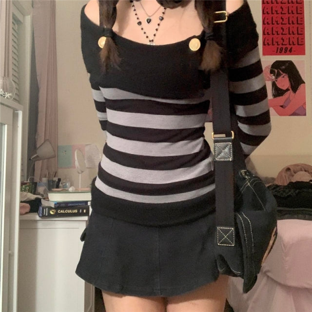 Sixsr Fashion Trends Harajuku Retro Striped Print Grunge Tshirts Slash Neck Buttons Autumn Vintage Tops Tees Aesthetic Chic Cute Slim Fit Outfits