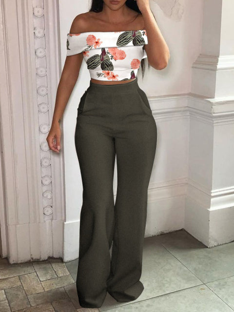 Sixsr Matching Set Women Slash Neck Pullover Top High Elastic Waist Wide Leg Pants Ladies Outfit Summer Printing Slim Streetwear Suit