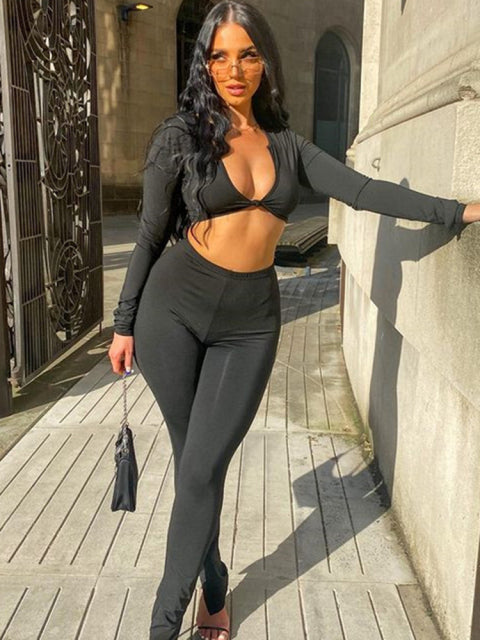 Sixsr 2 Piece Outfits For Women Sexy Long Sleeve Crop Tops Drawstring Leggings Pants Sets Casual Sporty Sweatpants Tracksuits