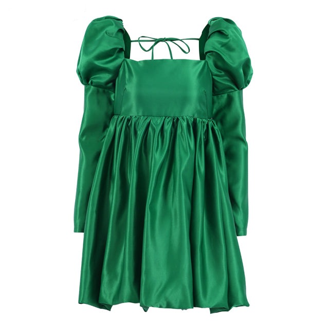 Sixsr New Fashion Puff Sleeves Woman Party Dress Evening Chic Square Collar Ball Gown Dress Short Beige Satin Dresses Pleated Ladies