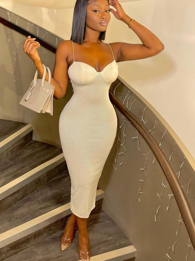 sixsr Straps Bodycon Sexy Prom Midi Dress for Women's Summer Elegant Evening Party White Backless Slip Long Dresses Woman Clothes