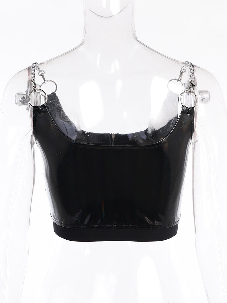 Sixsr Gothic Summer PU Black Camis Women Punk Grunge Sleeveless Sexy Halter Crop Top Streetwear Aesthetic Hollow Out Camisole