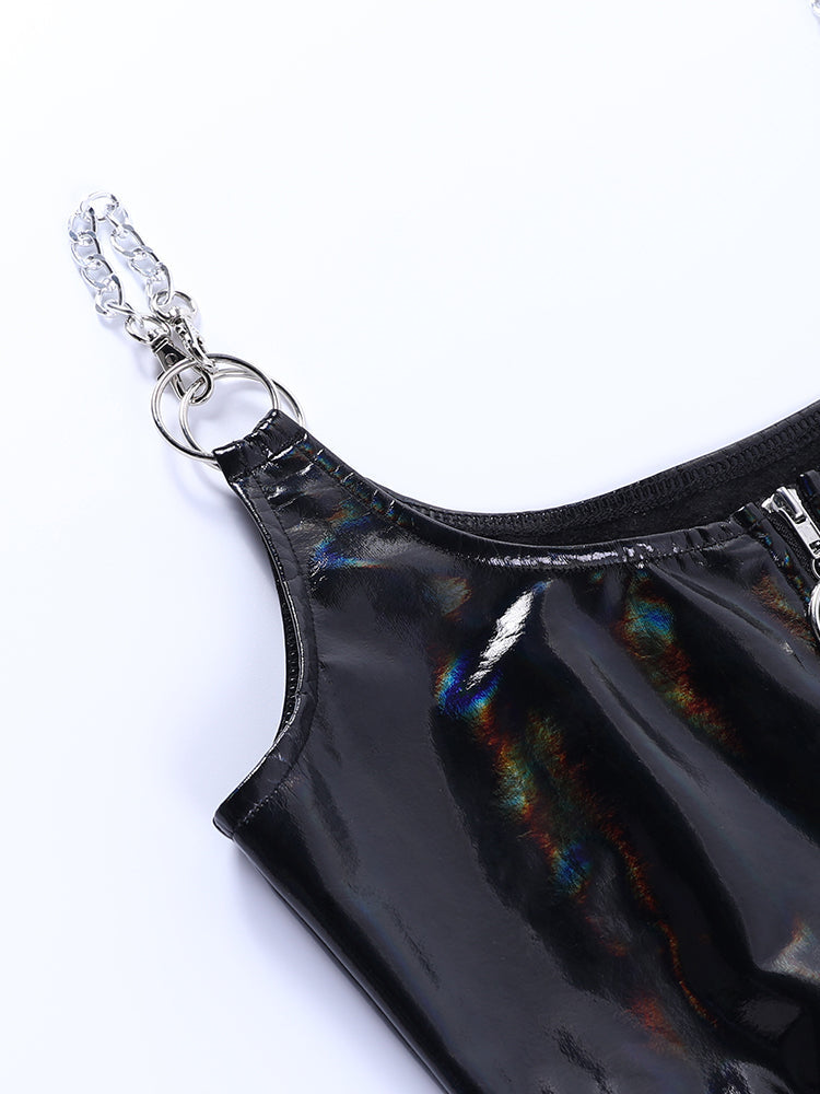 Sixsr Gothic Summer PU Black Camis Women Punk Grunge Sleeveless Sexy Halter Crop Top Streetwear Aesthetic Hollow Out Camisole