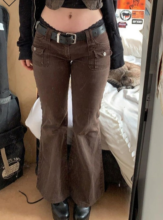 Sixsr Y2K Brown Flare Jeans Solid Pockets Kawaii Trousers Low Waisted Aesthetic Grunge Fairycore Joggers Women Casual Basic