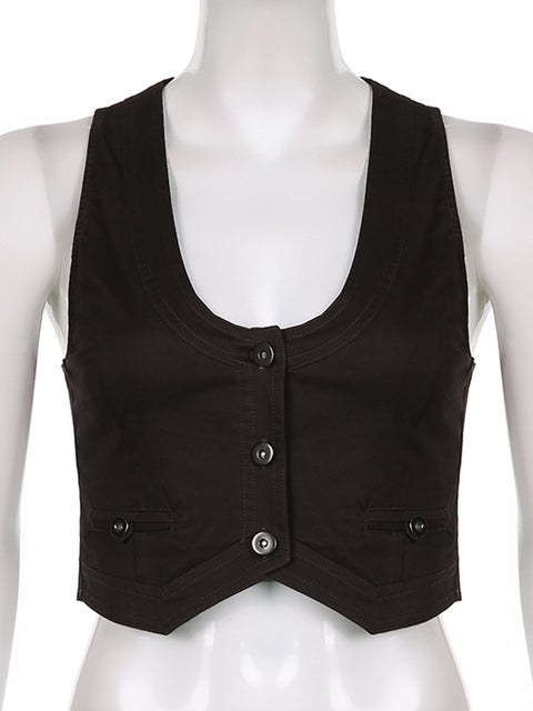 Sixsr y2k Button Corset Top Black Sleeveless Tank Tops Skinny V Neck Aesthetic Punk Crop Top Grunge Fairycore Women Vests