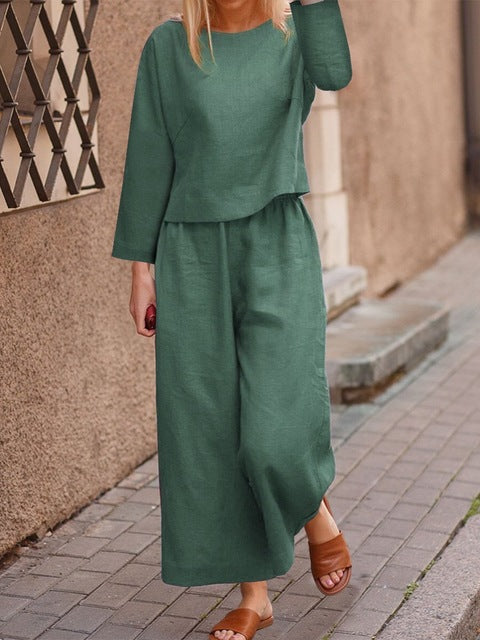 Sixsr Plus Size 5XL Cotton Women's Pantsuit Suit Loose O-neck Top Wide-leg Trouser Suits Female Spring Fashion Casual Set Ladies