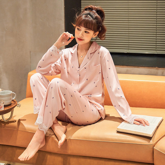 Sixsr New Pajamas For Women Long Sleeve Pajamas Suit Female Simple Style 2 Pieces Pajamas Silk Women's Home Clothes Set Pantsuits