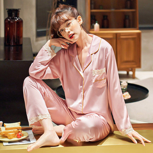 Sixsr New Pajamas For Women Long Sleeve Pajamas Suit Female Simple Style 2 Pieces Pajamas Silk Women's Home Clothes Set Pantsuits