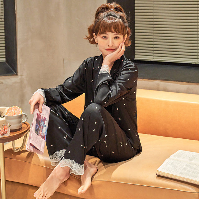 Sixsr New Pajamas For Women Long Sleeve Pajamas Suit Female Simple Style 2 Pieces Pajamas Silk Women's Home Clothes Set Pantsuits