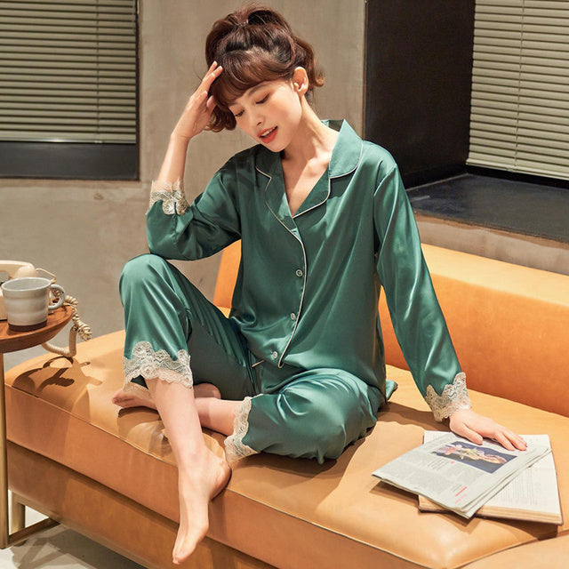 Sixsr New Pajamas For Women Long Sleeve Pajamas Suit Female Simple Style 2 Pieces Pajamas Silk Women's Home Clothes Set Pantsuits
