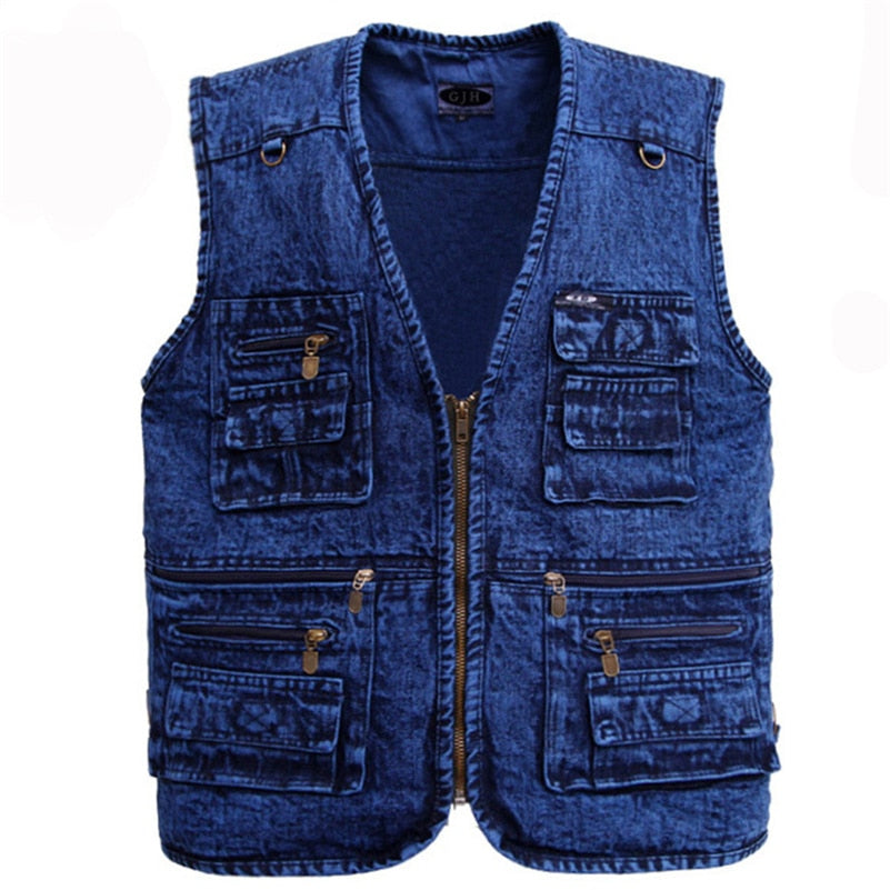 Men's vest Outerwear denim waistcoat deep blue color plus size sleeveless jacket Multi-pocket size XL to 5XL