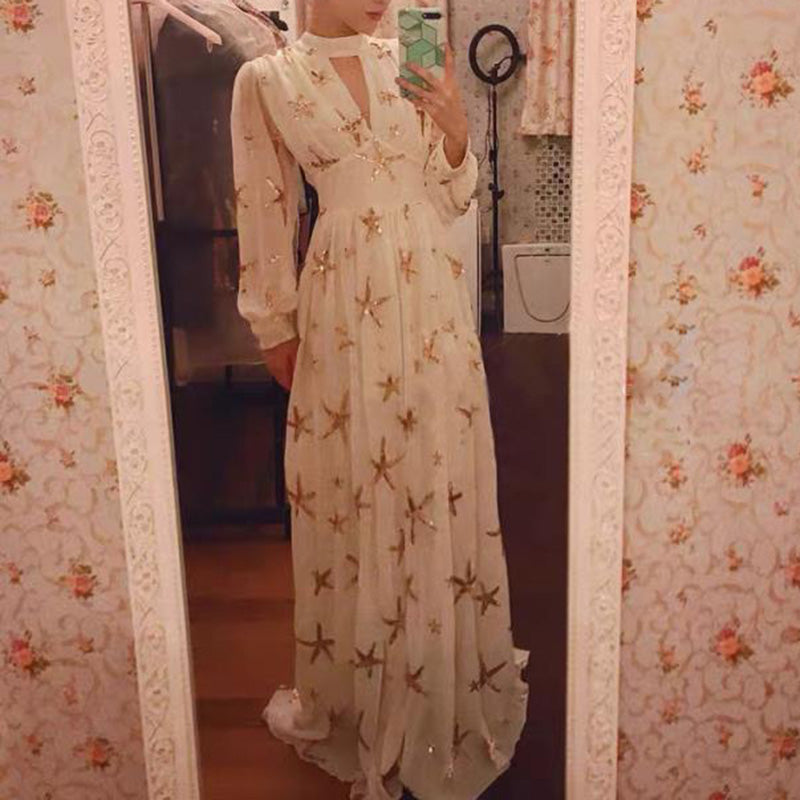 Sixsr Elegant Women Party Chiffon Dress Sequined Detail Design Slim Waist Dress Classy Formal High Slit Long Maxi Dress